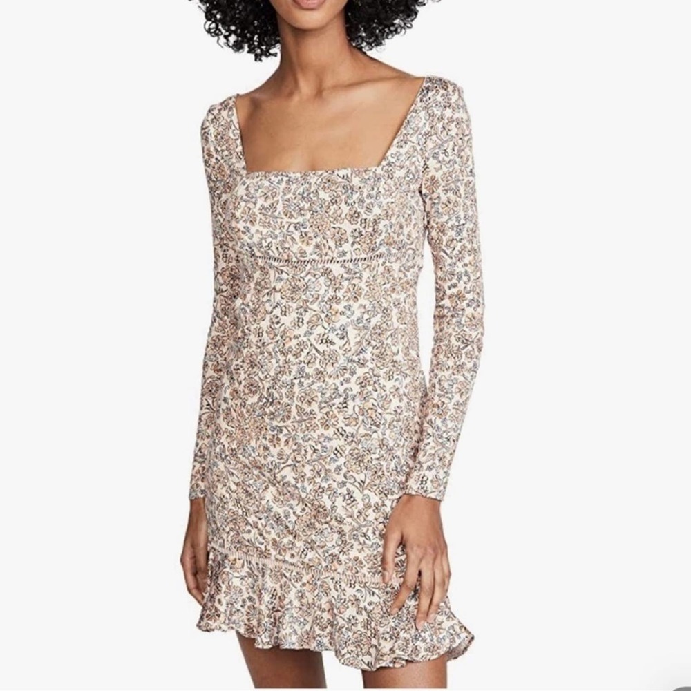 Free People Floral Long Sleeve Dress - Cream and Brown